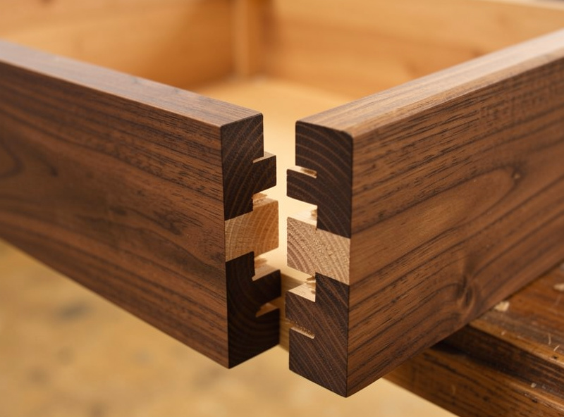 Through dovetail joint cut on a CNC router shown half-assembled in walnut drawer sides