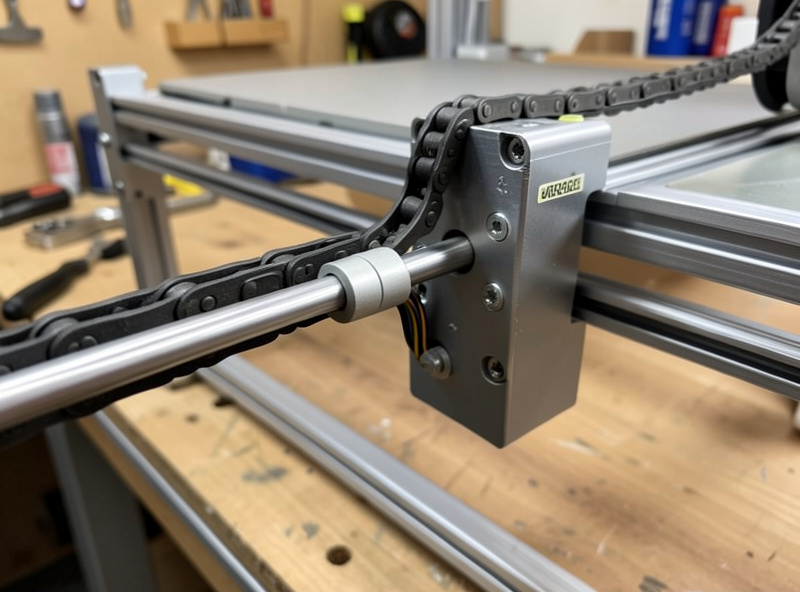 A mechanical limit switch mounted on the X-axis rail of a hobby CNC router gantry with wiring routed in drag chain