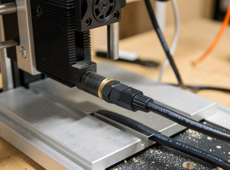 Inductive proximity sensor mounted near a hobby CNC Z-axis with a flat metal target and shielded cable routed away from stepper wires