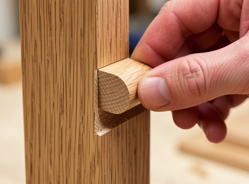 A rounded tenon being fitted into a matching CNC-cut mortise in an oak frame joint