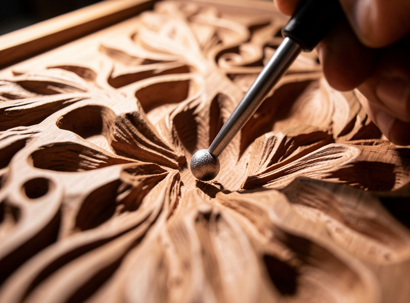 Small ball-nose tool rest machining the tight valleys of a 3D carved wood relief