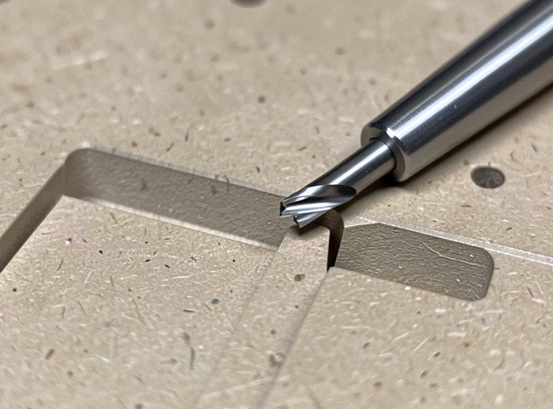 Broken small end mill beside a pocket with a corner too tight for the tool radius