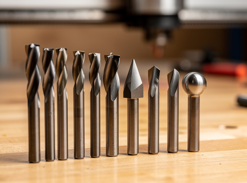 Organized set of desktop CNC router bits including end mills, V-bits, and ball-nose cutters laid out on a workbench