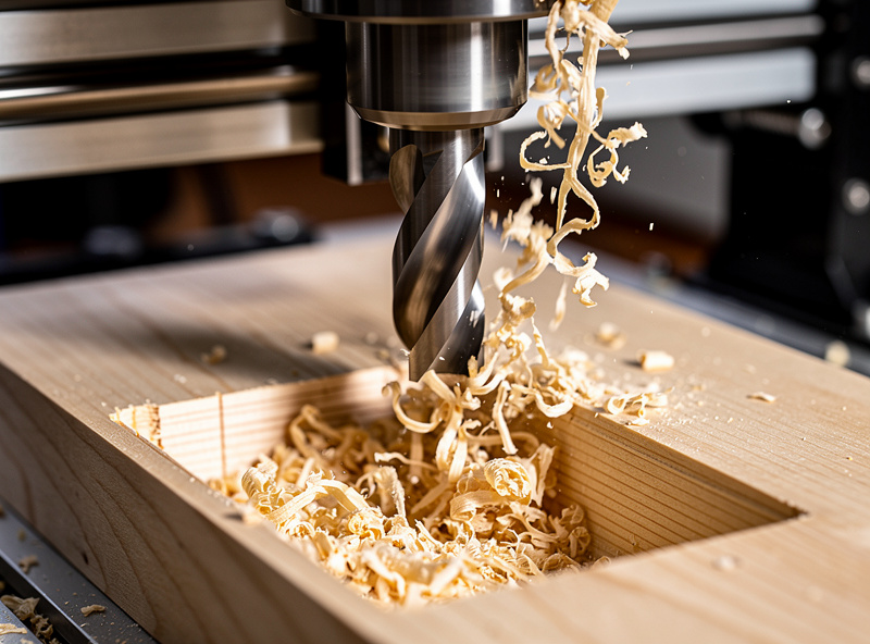 Two-flute upcut end mill cutting a clean pocket in hardwood on a desktop CNC router with chips evacuating