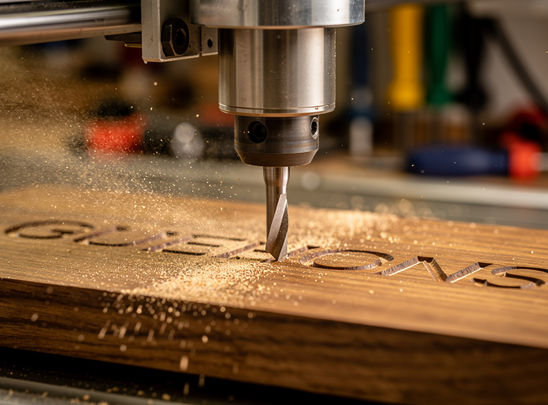 V-bit carving sharp lettering into a hardwood sign blank on a desktop CNC machine