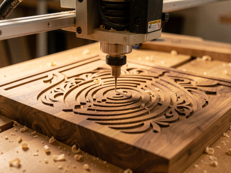 Finished V-carved walnut wood sign being cut on a desktop CNC router