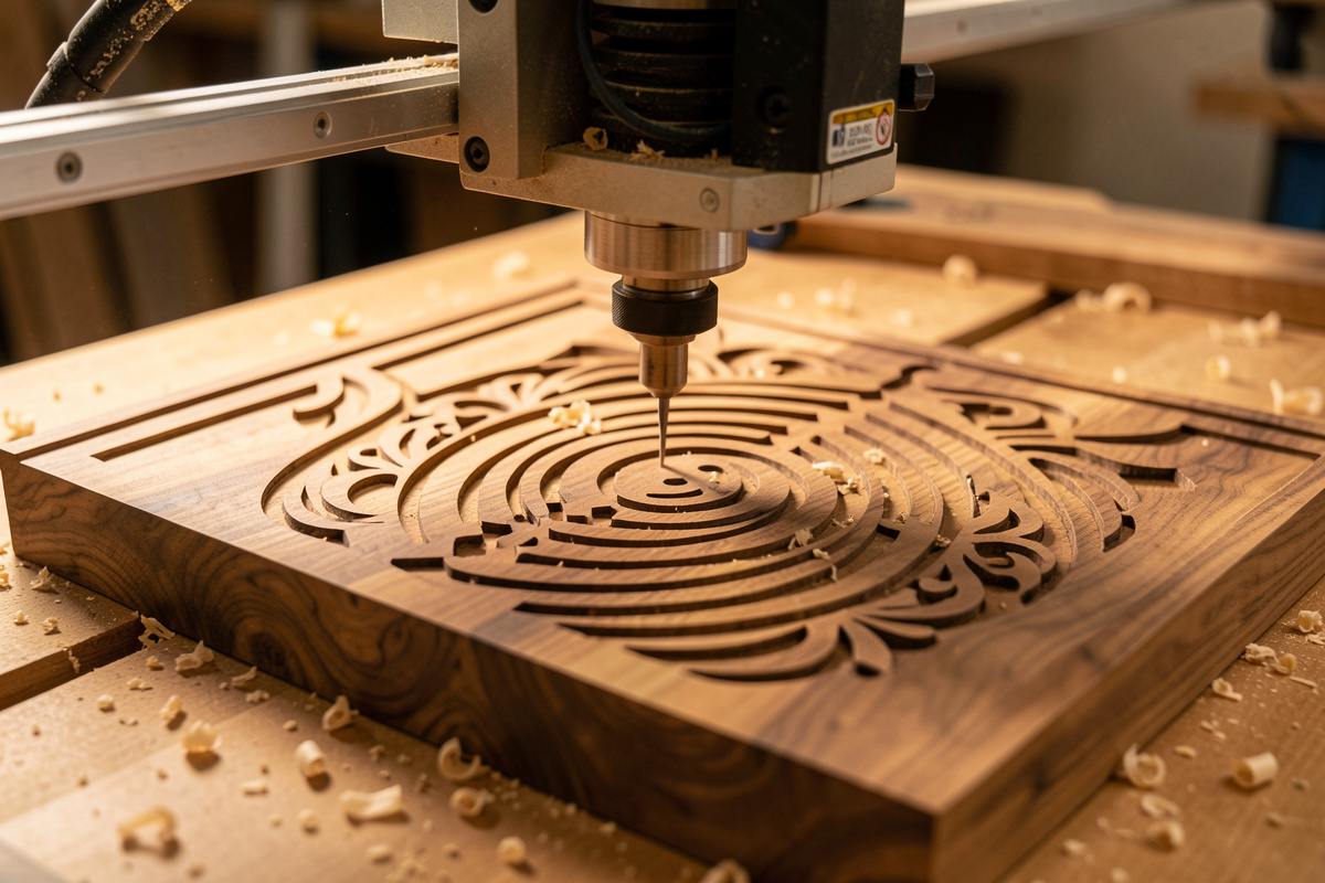 Finished V-carved walnut wood sign being cut on a desktop CNC router