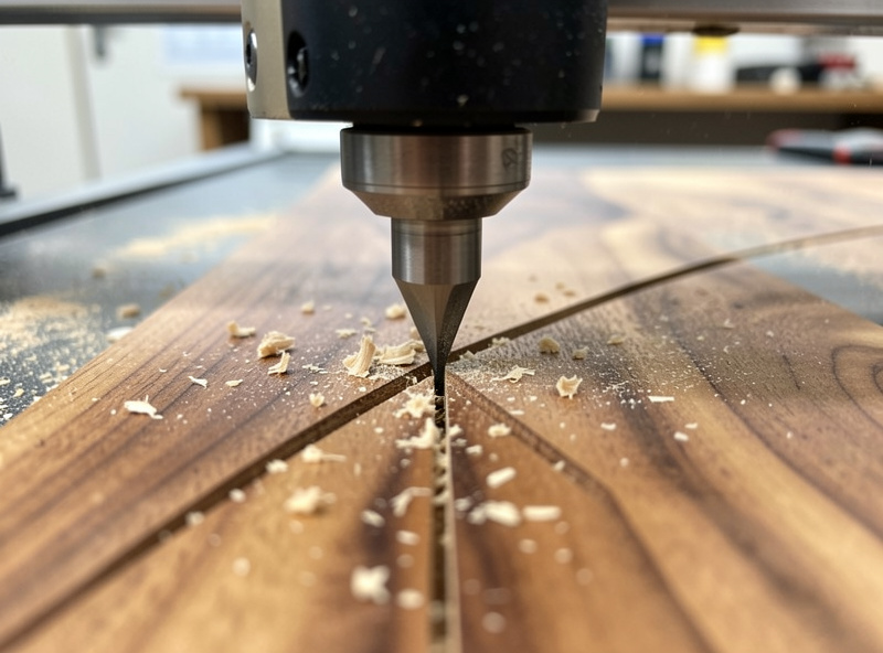 A 60-degree V-bit carving a clean groove into a walnut sign blank with chips and dust visible under a CNC router