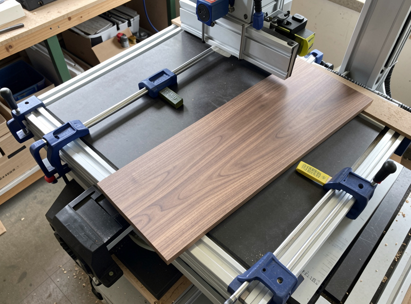 A flat walnut sign blank clamped to a CNC spoilboard with low-profile cam clamps and T-track before carving