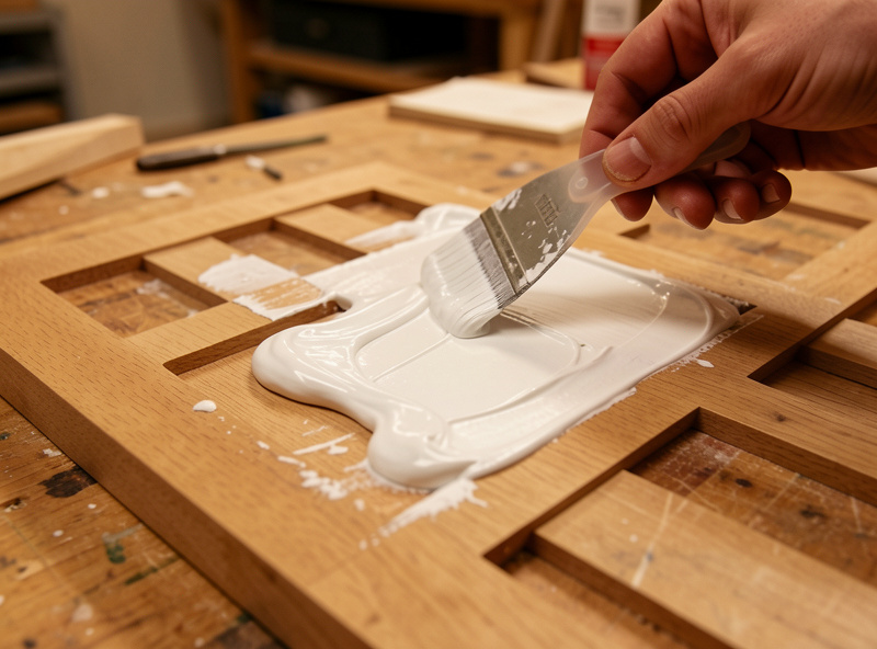 Paint being scraped flush off the surface of a carved wood sign leaving the recessed letters filled with color