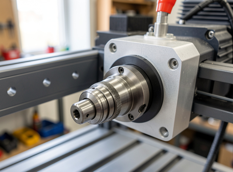 VFD spindle mounted on a desktop CNC gantry in a home workshop