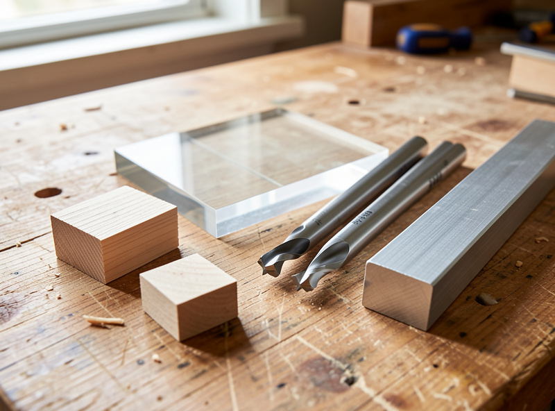 Single-flute and two-flute CNC bits beside wood, acrylic, and aluminum samples