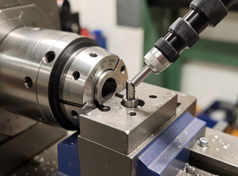 Dial indicator on a magnetic base measuring runout on a ground pin in a CNC spindle collet