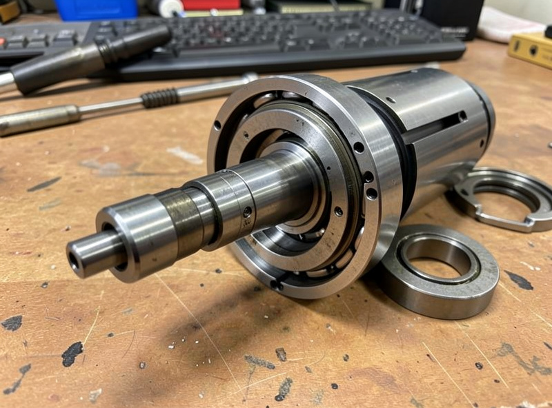 Disassembled CNC spindle showing angular contact bearings at the nose