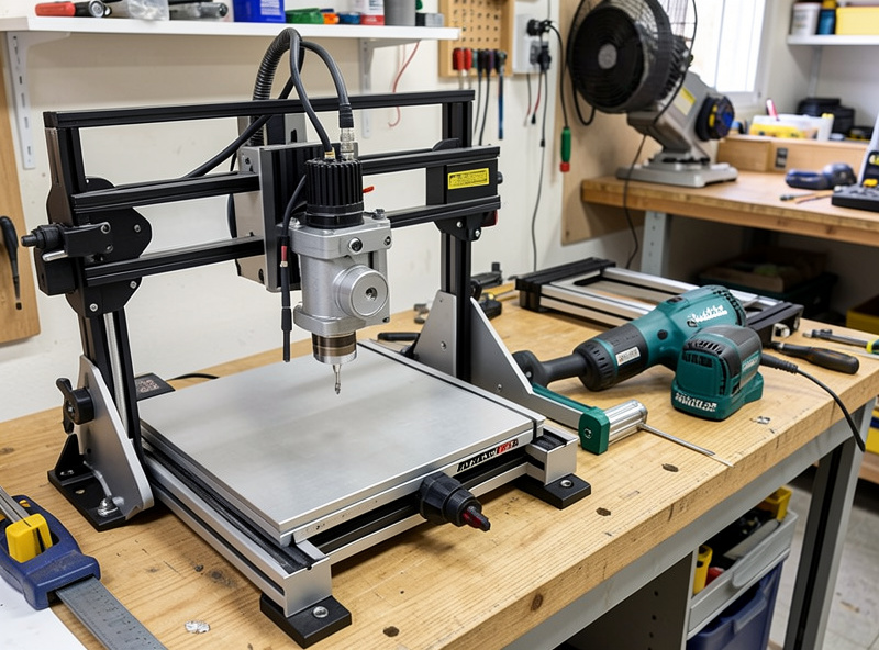 A 65mm air-cooled VFD spindle mounted on a desktop CNC gantry next to a trim router for comparison