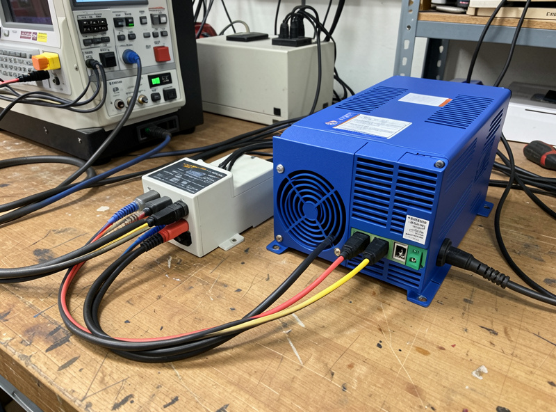 VFD drive unit wired to a CNC controller with 0-10V control wiring on a workshop bench