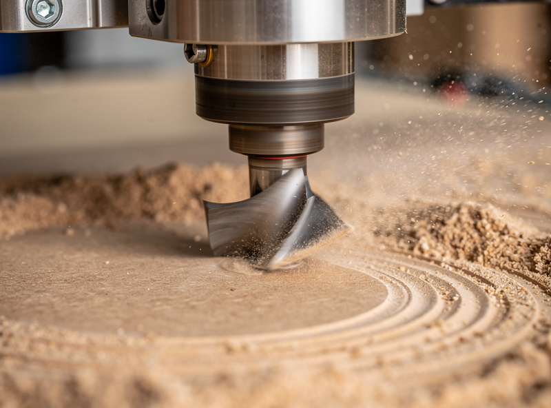 A wide surfacing bit machining a flat MDF wasteboard on a desktop CNC machine, fine dust cloud