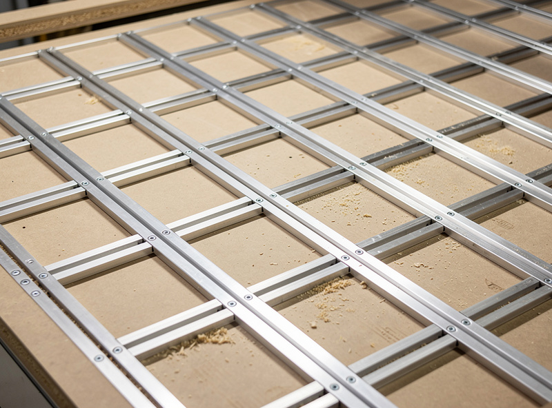 Aluminum T-track rails set into an MDF wasteboard in a grid pattern on a CNC machine bed