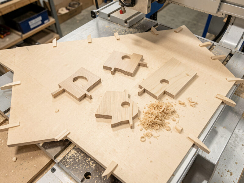 CNC-cut wooden parts held in the sheet by small tabs