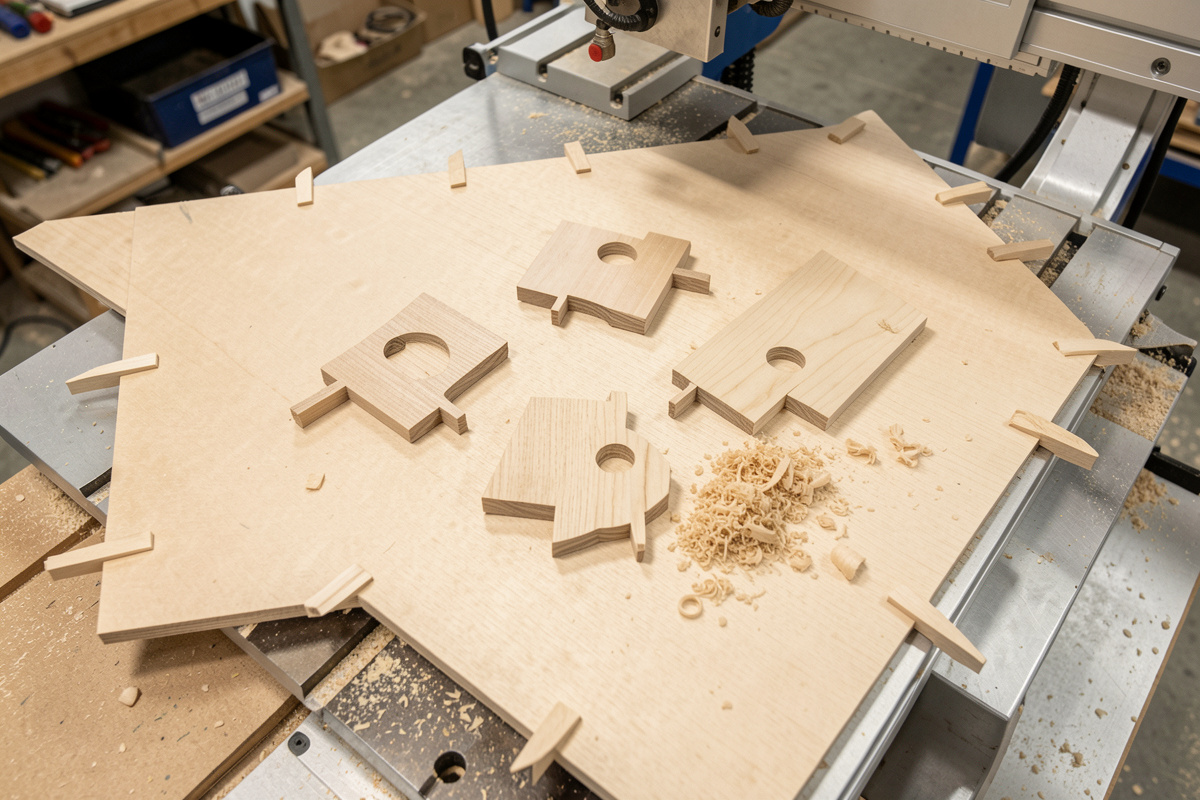 CNC-cut wooden parts held in the sheet by small tabs