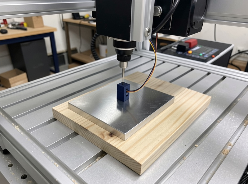 Conductive CNC Z touch plate sitting on wood stock with a magnet clip on the bit during a probe cycle