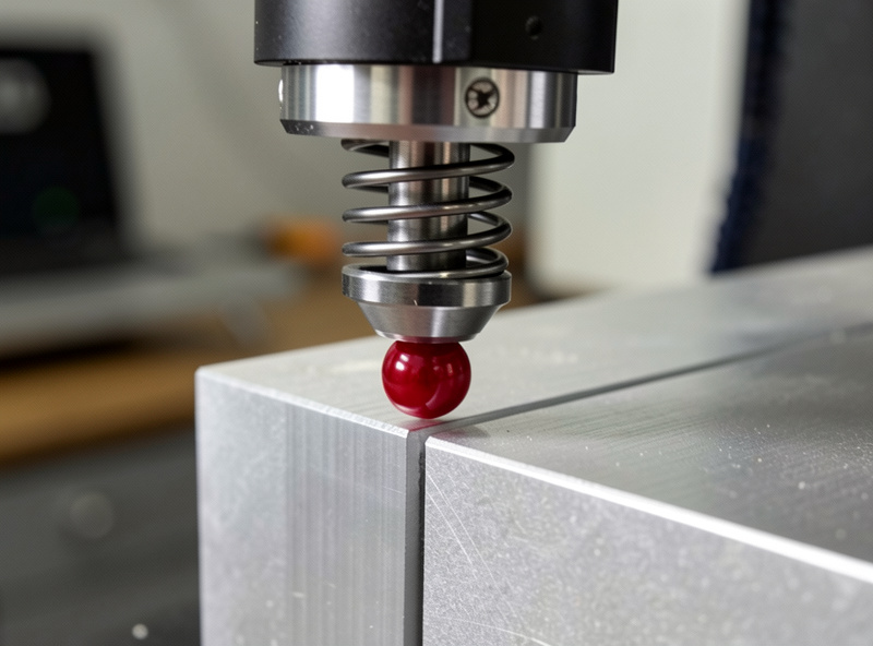 Sprung 3D CNC touch probe with a ruby ball stylus mounted in a spindle probing the corner of an aluminum block