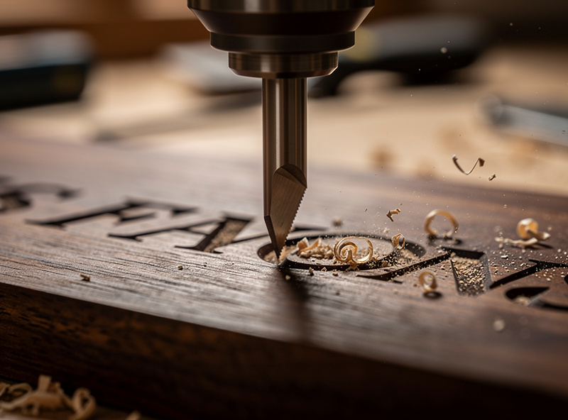 A V-bit carving sharp serif lettering into a walnut plaque with fine dust