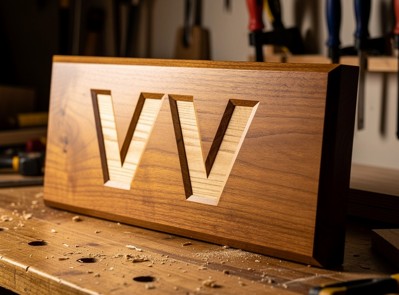 Finished V-carved wooden sign with crisp lettering and a contrasting inlay detail