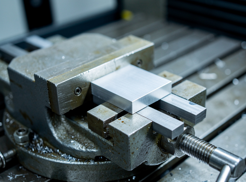 A machinist vise bolted to a CNC machine bed gripping a small aluminum block with the top face open for machining