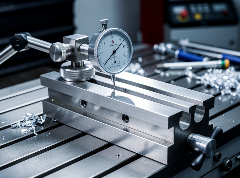 A dial indicator sweeping the fixed jaw of a CNC vise to tram it parallel to the machine axis, with parallels visible