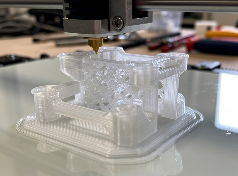 3D printer creating a PETG jig with complex geometry and gyroid infill