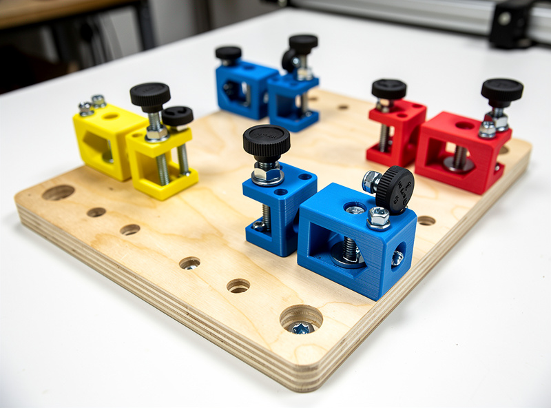 Hybrid jig with CNC-cut plywood base plate and 3D-printed clamps bolted on
