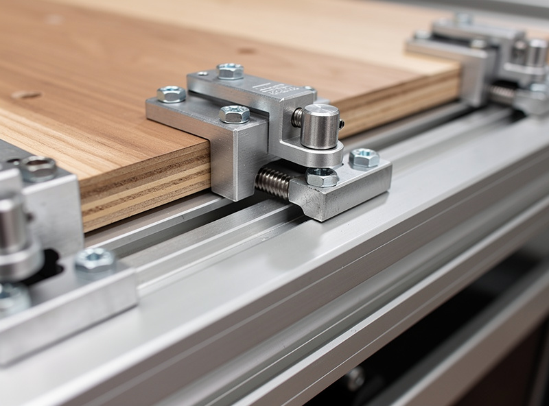 Desktop CNC bed showing step clamps, a low-profile cam clamp, and T-track holding a wood panel for machining