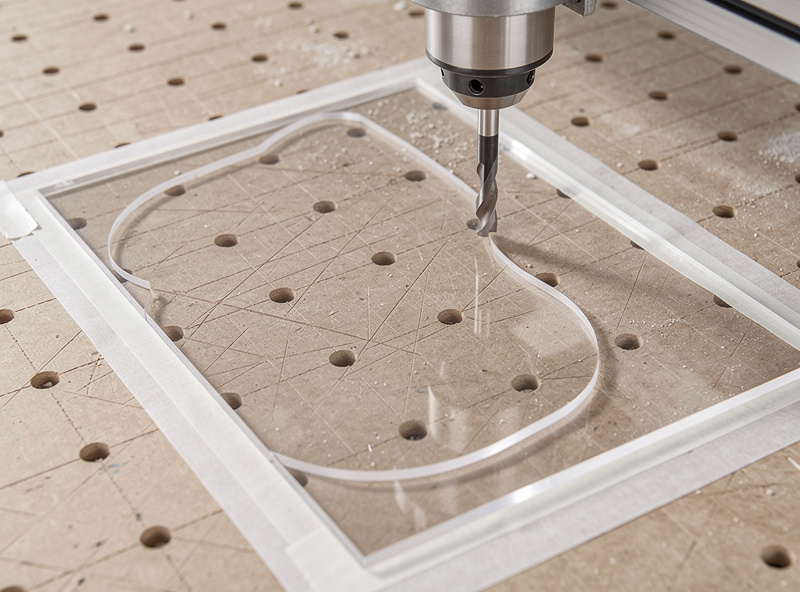 Thin acrylic sheet held flat on a CNC spoilboard with double-sided tape while an end mill cuts a profile