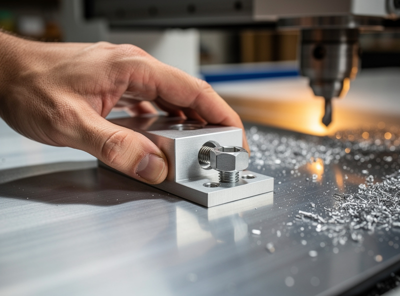 CNC operator positioning a low-profile clamp close to the cutting area on an aluminum workpiece