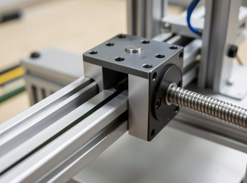 Close-up of a hobby CNC Z-axis assembly showing the spindle mounting plate, single linear rail, and lead screw on the gantry