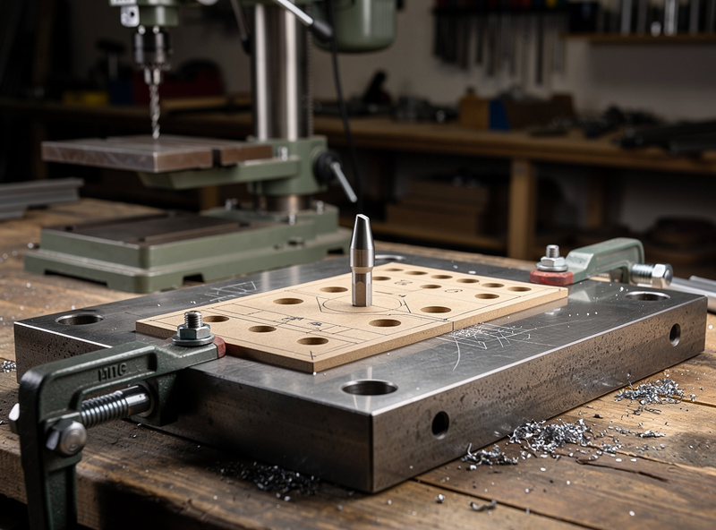 CNC-cut MDF spot-drill template with conical divot marks on steel fixture plate, center punch and drill bits nearby, metal fabrication workshop