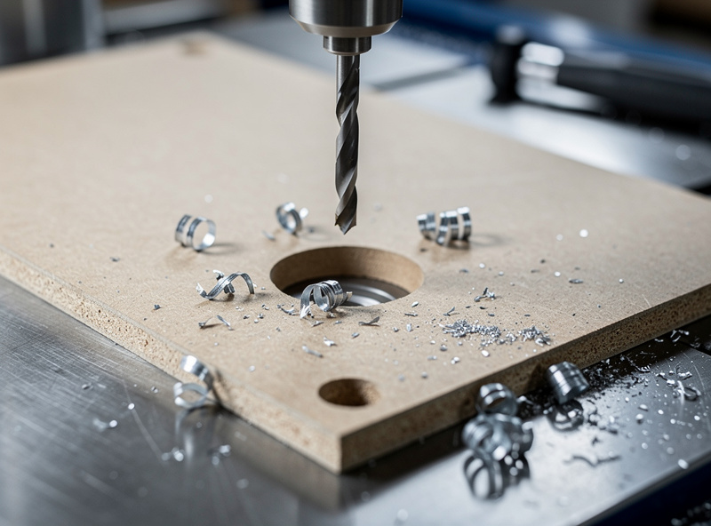 MDF spot-drill template clamped to steel plate on drill press, drill bit aligned with template divot, metal chips visible, fabrication workshop detail