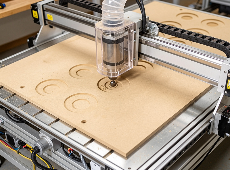 CNC router cutting MDF spot-drill template, spindle with ball-nose end mill creating divot marks, dust collection hood visible, clean workshop lighting