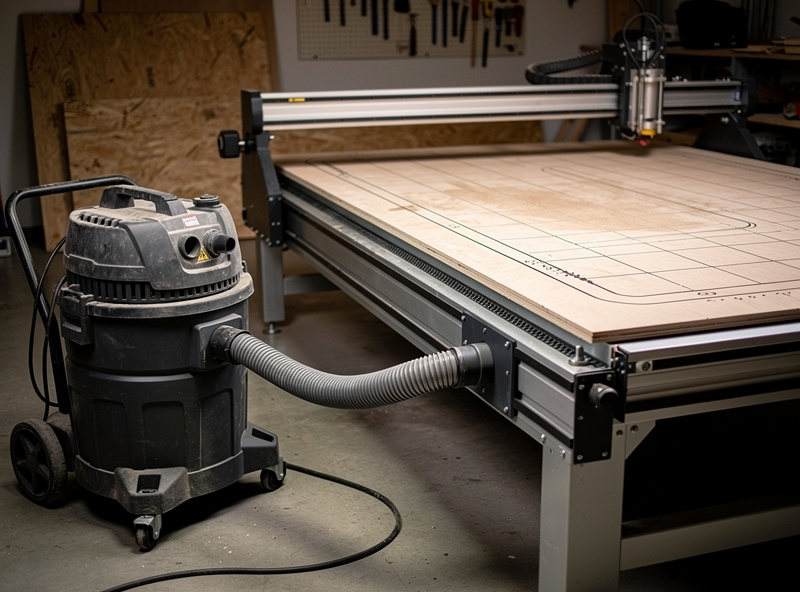 Shop vacuum connected by hose to a CNC vacuum table plenum holding a sheet of plywood for cutting