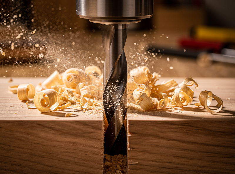 An upcut router bit cutting a slot in solid wood with chips ejecting upward out of the cut