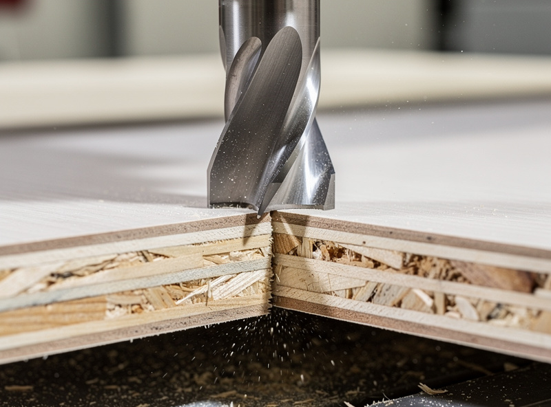 A compression bit cutting through faced plywood leaving clean edges on both the top and bottom faces