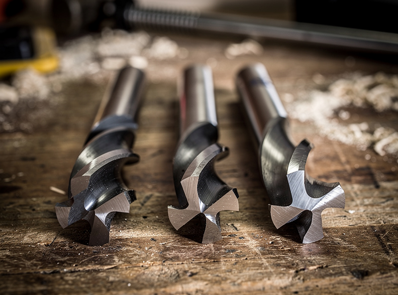 Comparison of upcut, downcut, and compression router bits laid out side by side showing their flute geometry