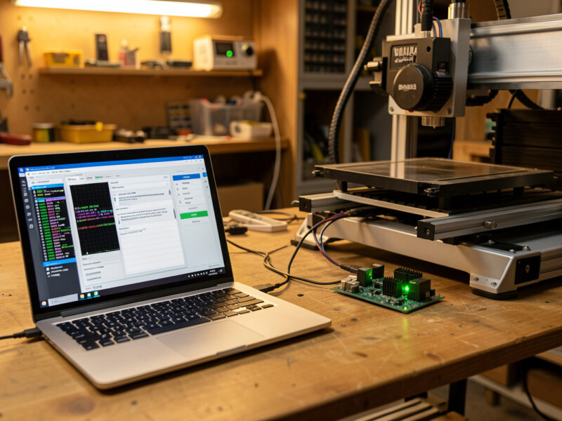 Laptop running GRBL sender software connected to a desktop CNC for first-time setup