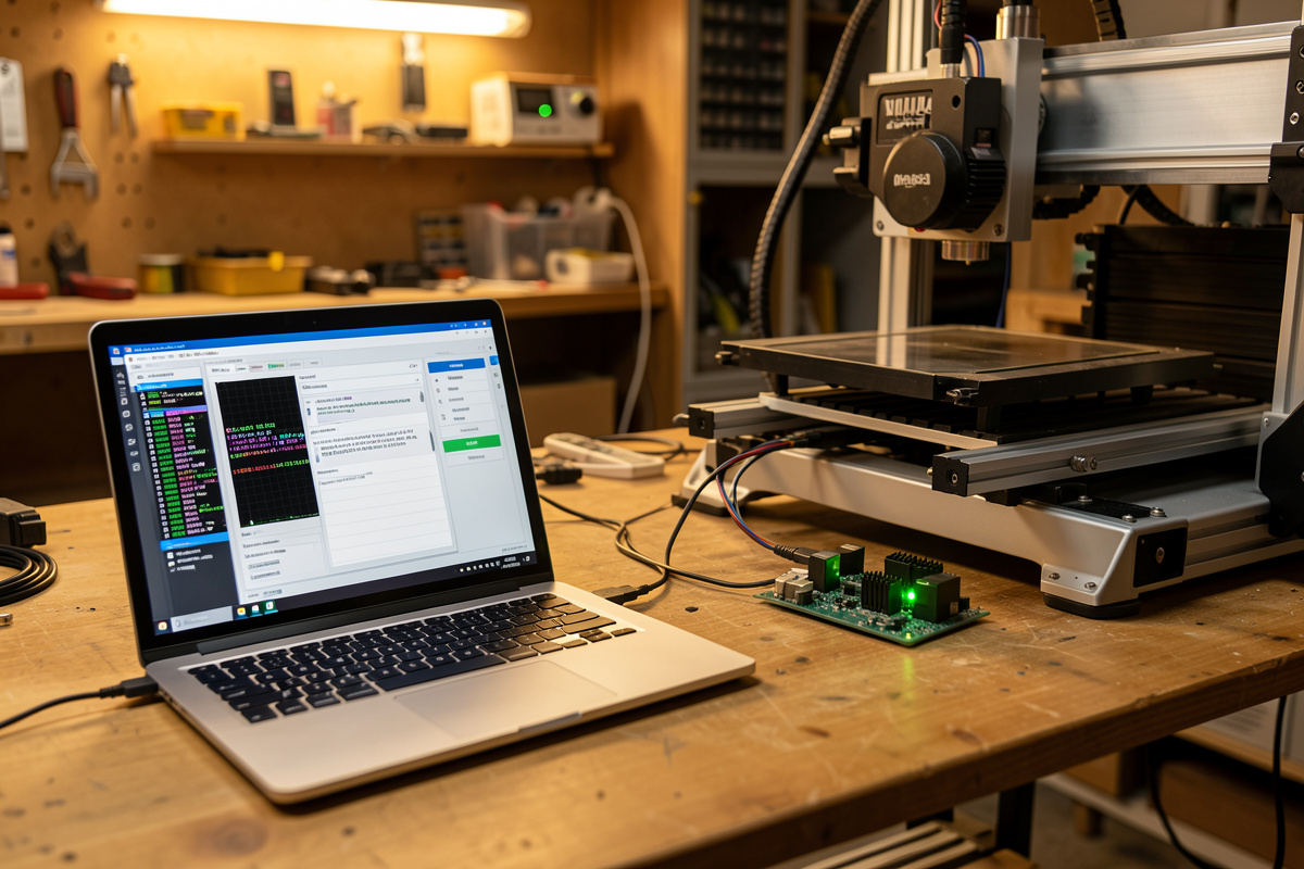 Laptop running GRBL sender software connected to a desktop CNC for first-time setup