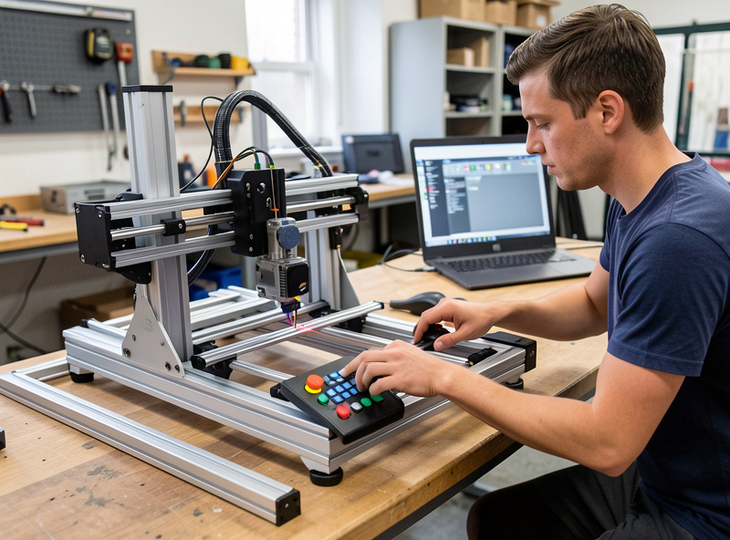 Jogging a desktop CNC gantry while watching a laptop to check axis direction