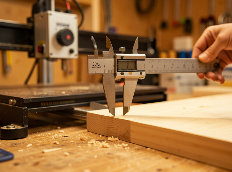 Calipers measuring a test cut to calibrate GRBL steps-per-mm