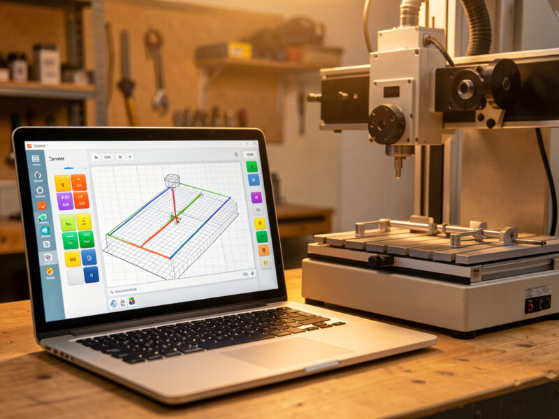 A laptop running a CNC G-code sender interface beside a desktop CNC machine