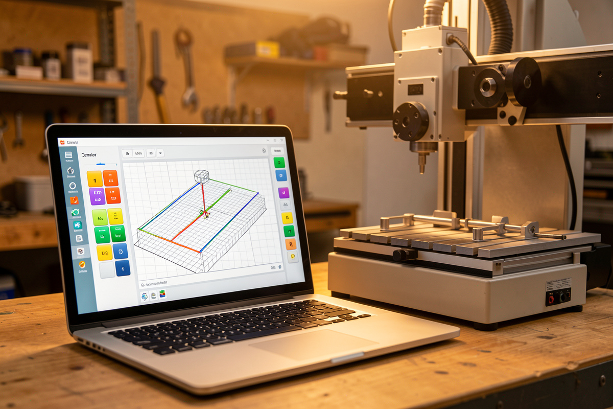 A laptop running a CNC G-code sender interface beside a desktop CNC machine