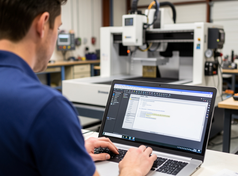 An operator controlling a desktop CNC from a laptop sender